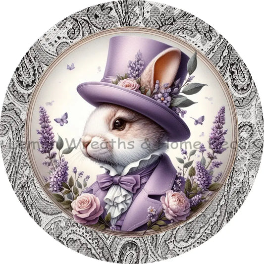 Victorian Rabbit W/Purple Suit Black Paisley Border Metal Sign