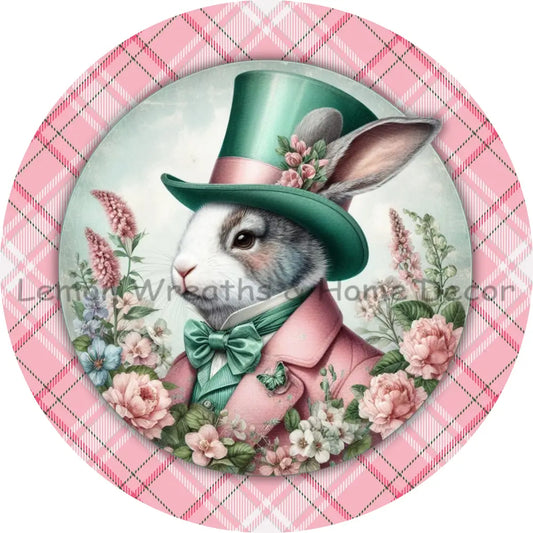 Victorian Rabbit W/Top Hat Green Pink Plaid Border Metal Sign