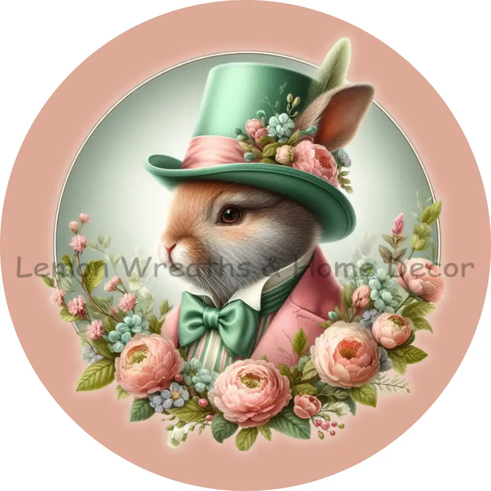 Victorian Rabbit W/Top Hat Mint Green Peach Metal Sign