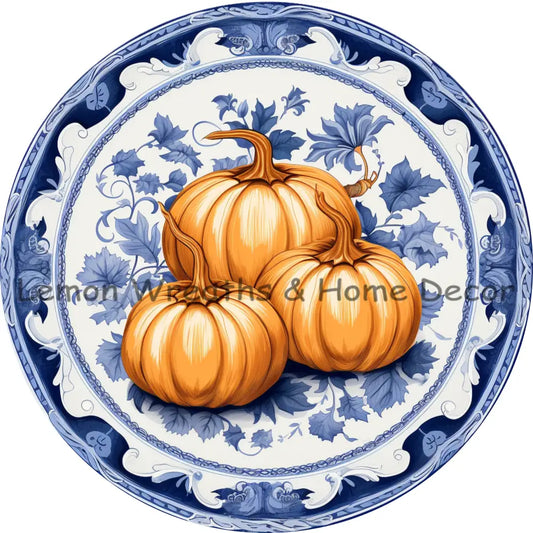 Vintage Blue Floral Plate With Pumpkins Metal Sign