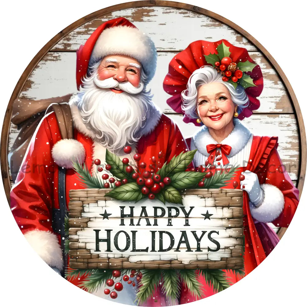 Vintage Santa and Mrs. Clause Happy Holidays Metal Sign