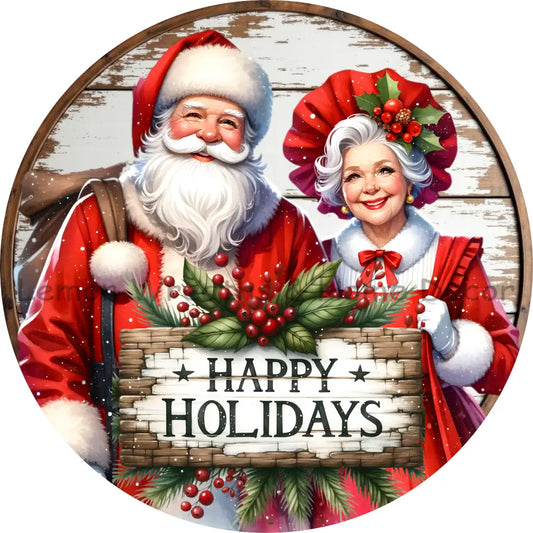 Vintage Santa and Mrs. Clause Happy Holidays Metal Sign