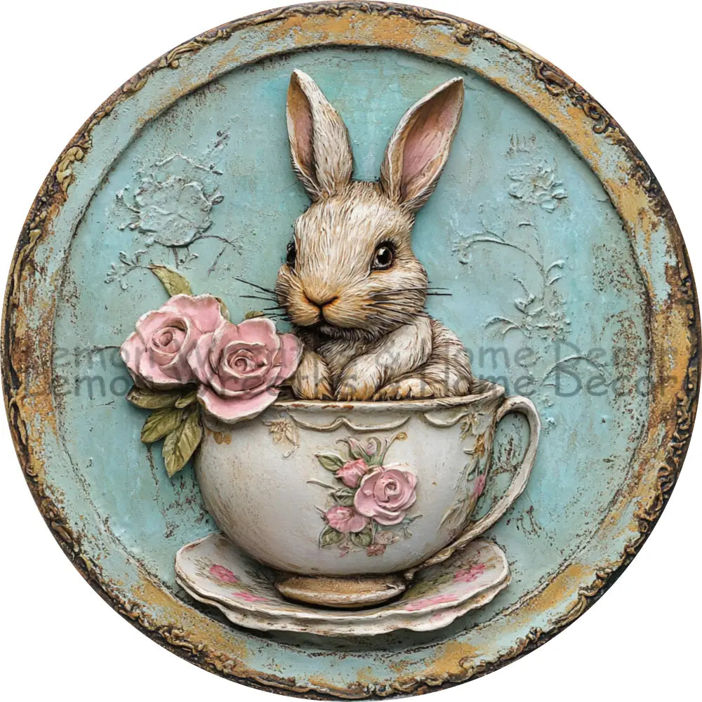 Vintage Teacup Bunny Metal Sign