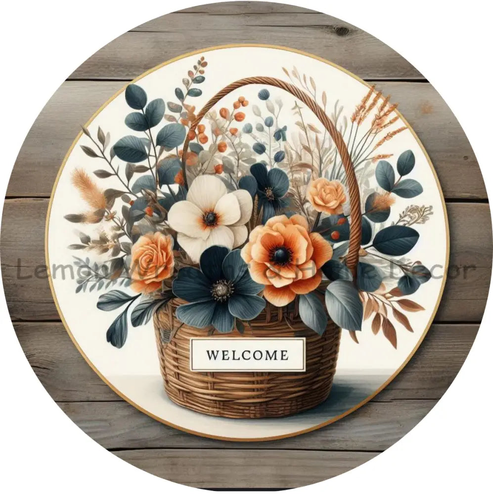 Welcome Basket Navy Blue/Coral/Cream Florals Metal Sign