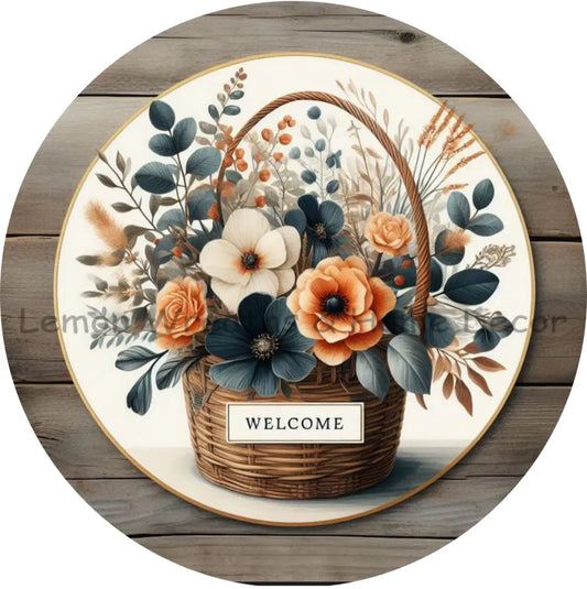 Welcome Basket Navy Blue/Coral/Cream Florals Metal Sign