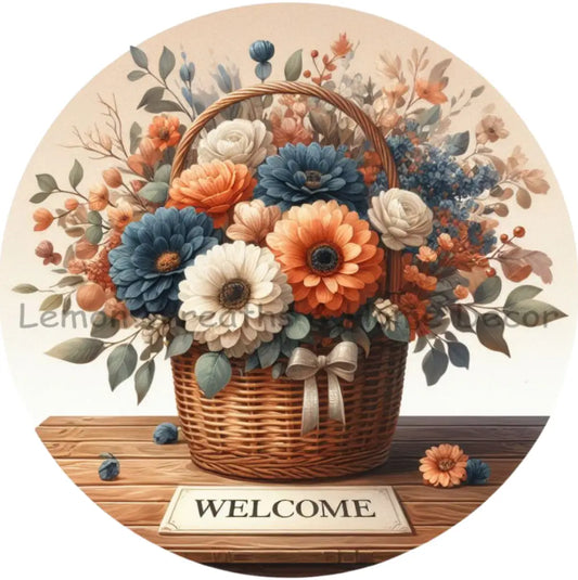 Welcome Basket Of Florals Navy Blue/Coral/Cream Metal Sign
