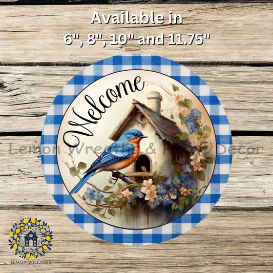 Welcome Bluebird Perched On Birdhouse Metal Sign
