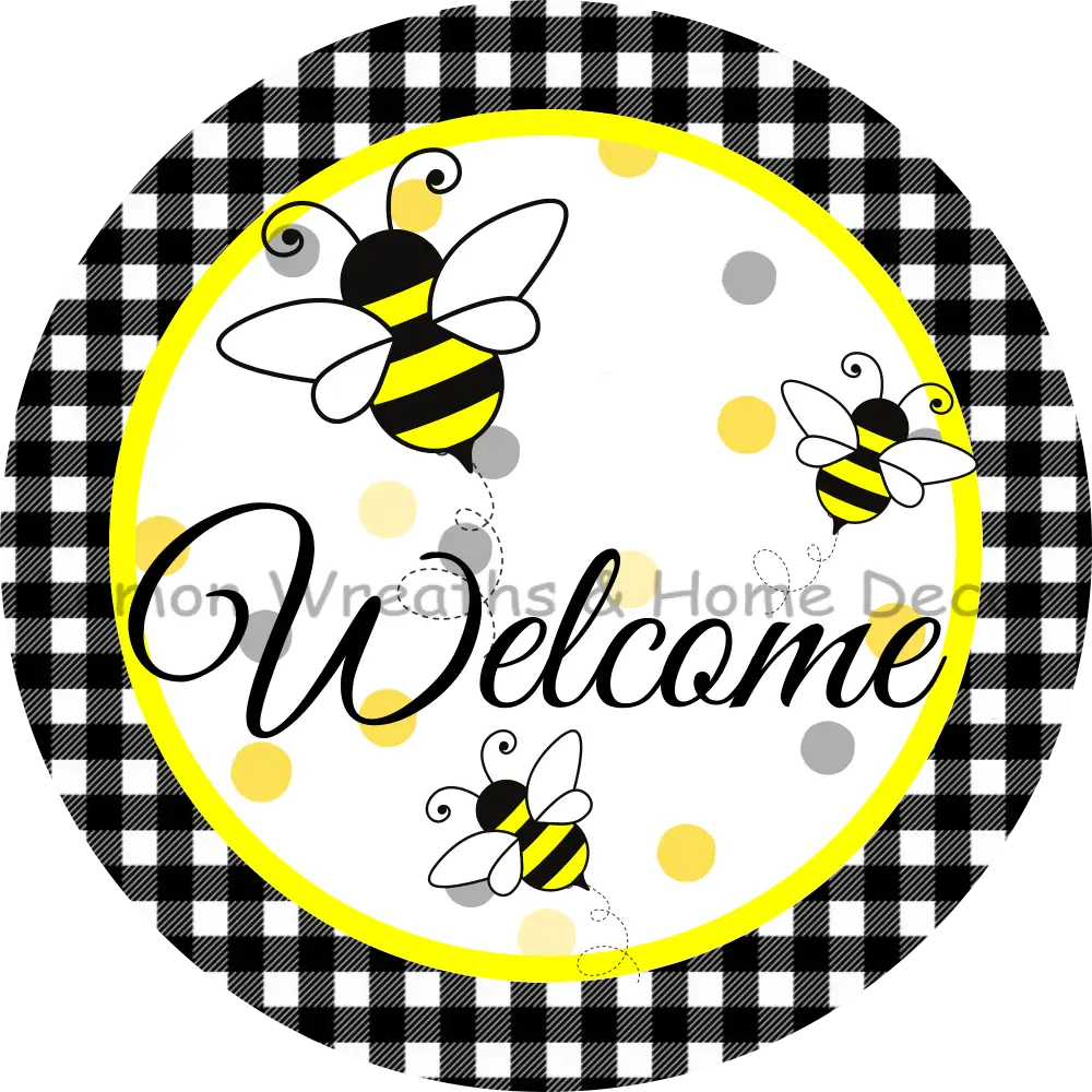 Welcome Bumble Bees Gingham Metal Sign 8