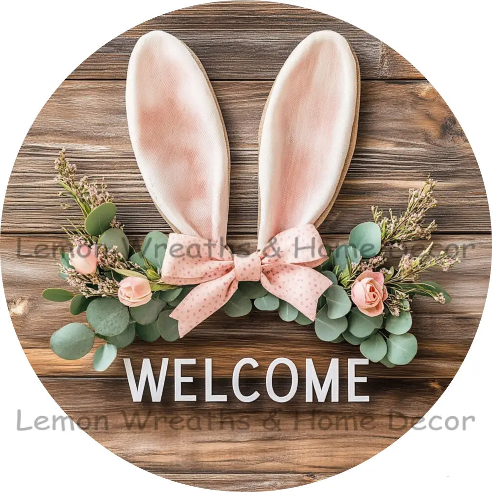 Welcome Bunny Blooms Dark Wood Metal Sign