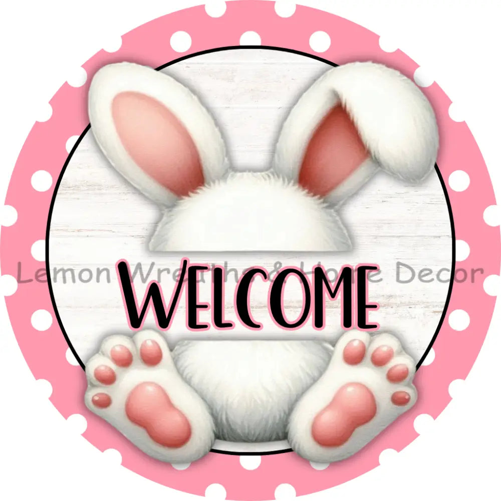 Welcome Bunny Pink Polka Dots Metal Sign