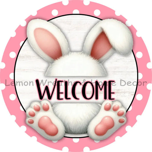 Welcome Bunny Pink Polka Dots Metal Sign