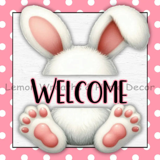 Welcome Bunny Pink Polka Dots Square Metal Sign