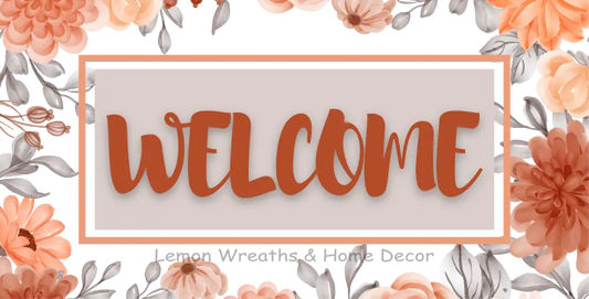 Welcome Coral Grey Floral Metal Sign