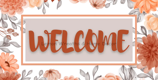 Welcome Coral Grey Floral Metal Sign