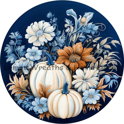 Welcome Country Blue Fall Florals With White Pumpkins Metal Sign 6 / No Text