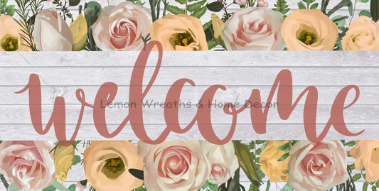 Welcome Florals Wood Background Metal Sign
