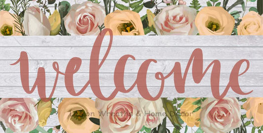 Welcome Florals Wood Background Metal Sign