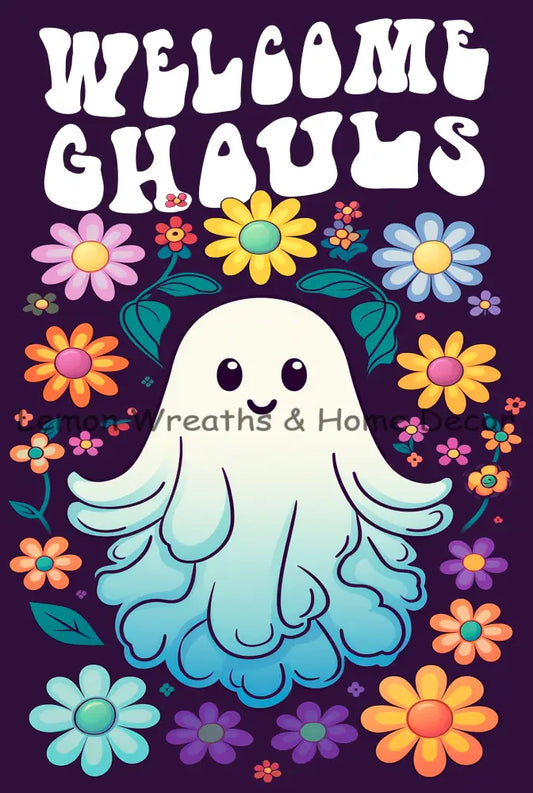 Welcome Ghouls Cute Ghost Metal Sign