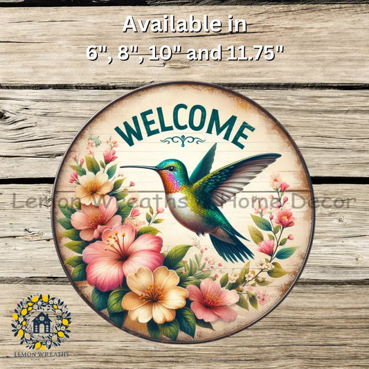 Welcome Hummingbird And Hibiscus Metal Sign