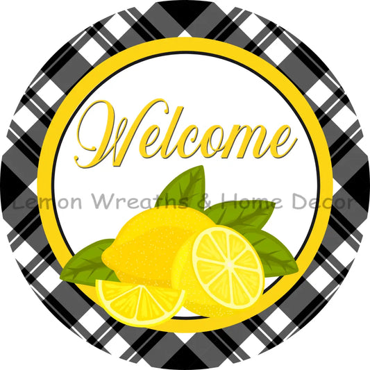 Welcome Lemons Black Check Metal Sign