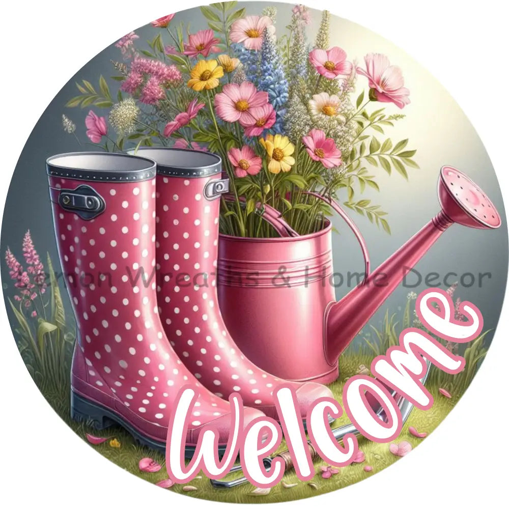 Welcome Pink Polka Dots Rain Boots Metal Sign
