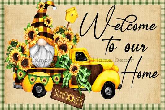 Welcome To Our Home Sunflower Gnome Metal Sign