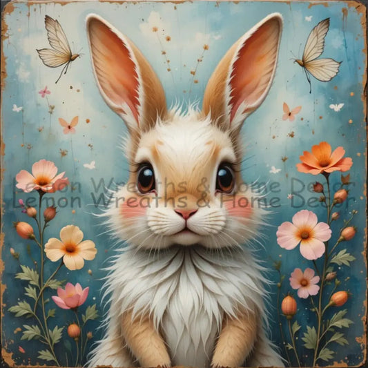 Whimsical Floral Bunny Metal Sign