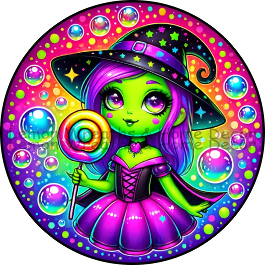 Whimsical Green Witch W/Lollipop Metal Sign