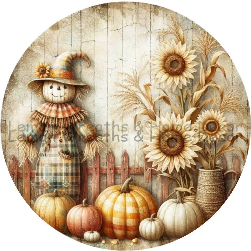 Whimsical Harvest Scarecrow And Sunflowers Fall Metal Sign