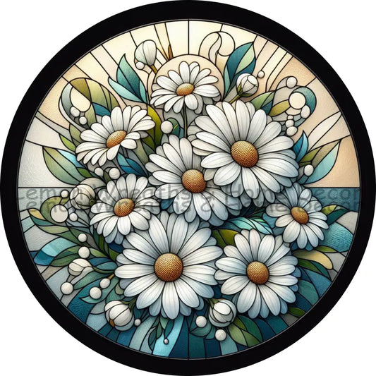 White Daisies Faux Stained Glass Metal Sign