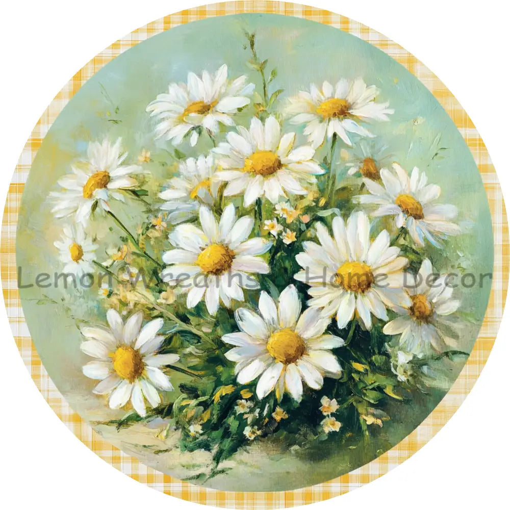 White Daisy Bouquet Yellow Check Border Metal Sign