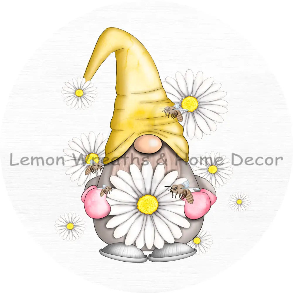 White Daisy Yellow Gnome Metal Sign 8