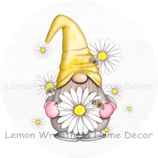 White Daisy Yellow Gnome Metal Sign 8