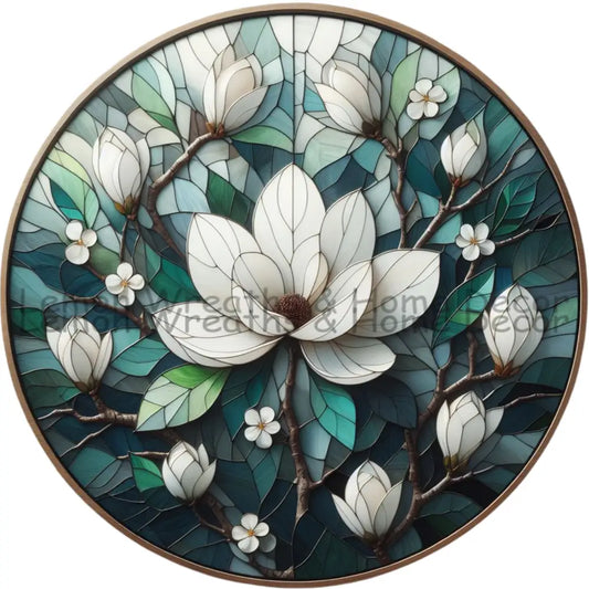 White Magnolias Faux Stained Glass Metal Sign