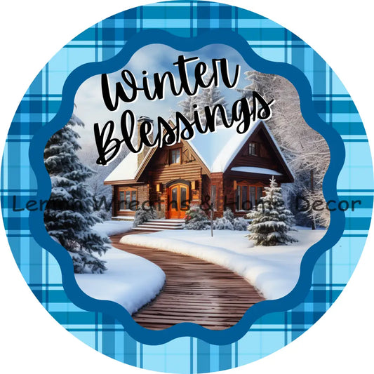 Winter Blessings Blue Plaid W/Cabin Metal Sign
