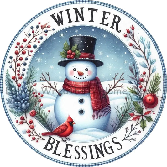 Winter Blessings Snowman With Cardinal Metal Sign