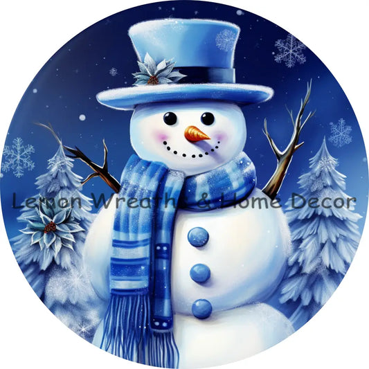 Winter Blue Snowman Metal Sign