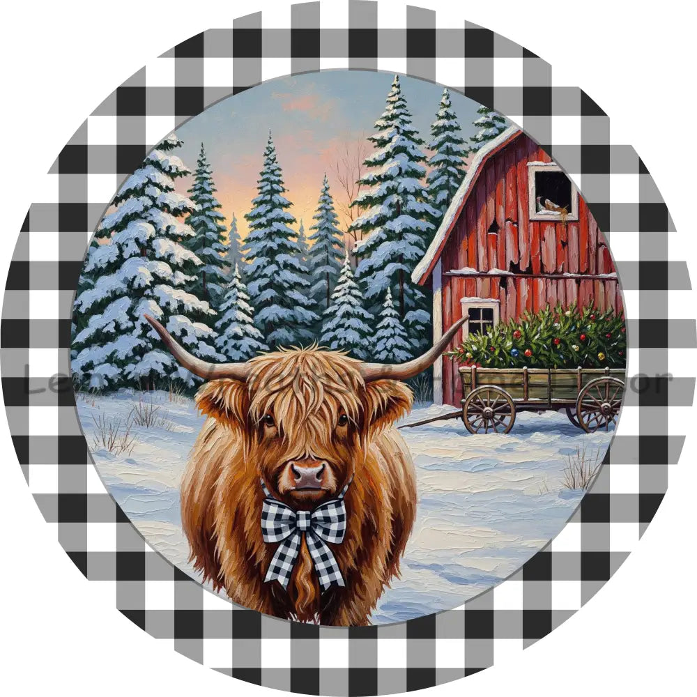 Winter Highland Cow Black Check Metal Sign