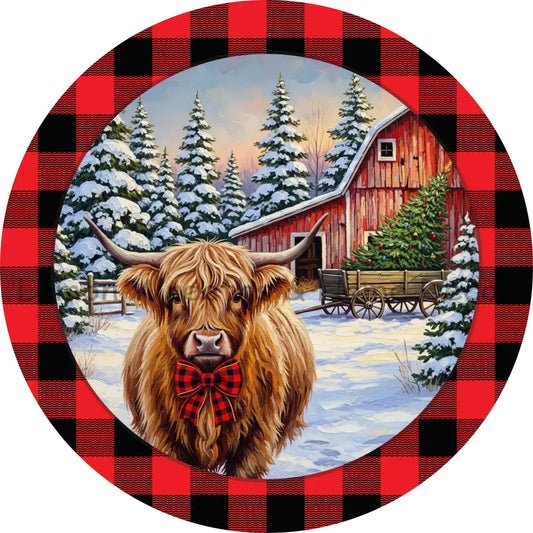 Winter Highland Cow Red Check Metal Sign