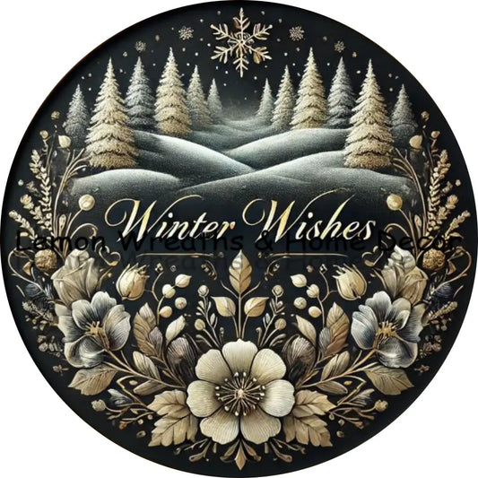 Winter Wishes Black & Gold Metal Sign
