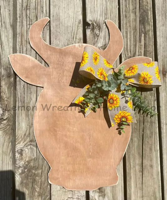 Wood Cow Head Door Hanger Stained / Sunflower Ribbon