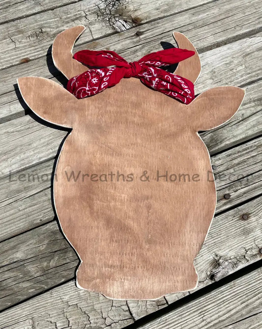 Wood Cow Head W/Red Bandana Stained