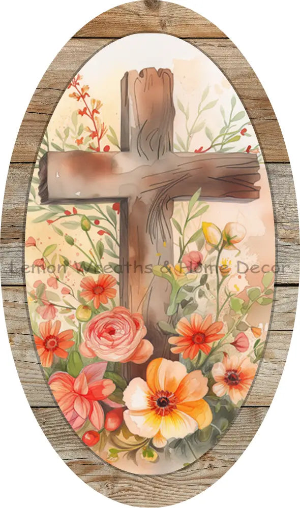 Wooden Cross With Fall Florals Oval Metal Sign
