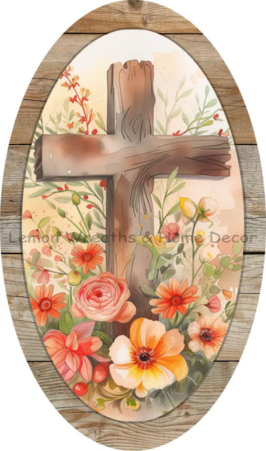 Wooden Cross With Fall Florals Oval Metal Sign