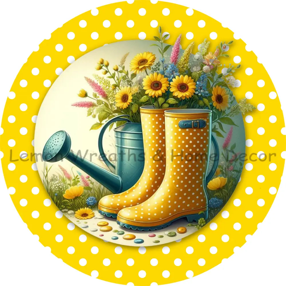 Yellow Polka Dots Rain Boots Metal Sign